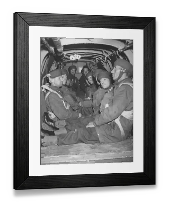 Framed Print : Parachutists inside the bomber plane awaiting the call to jump. Training picture