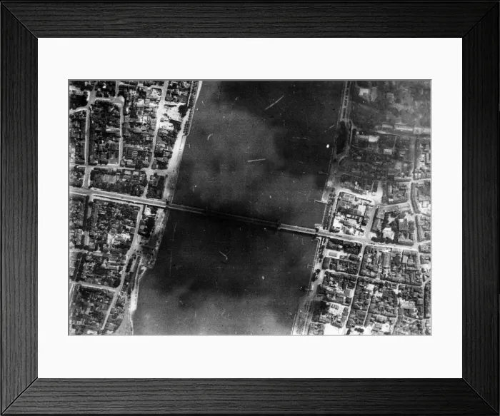 Framed Print : An air reconnaissance picture of one of the Rhine bridges which will be of great Framed Print : An air reconnaissance picture of one of the Rhine bridges which will be of great
