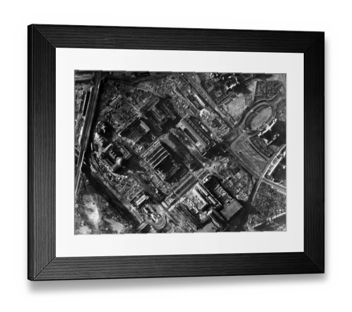Framed Print : R. A. F. bombing damage to Leipzig. Pictured, very severe damage among the buildings Framed Print : R. A. F. bombing damage to Leipzig. Pictured, very severe damage among the buildings