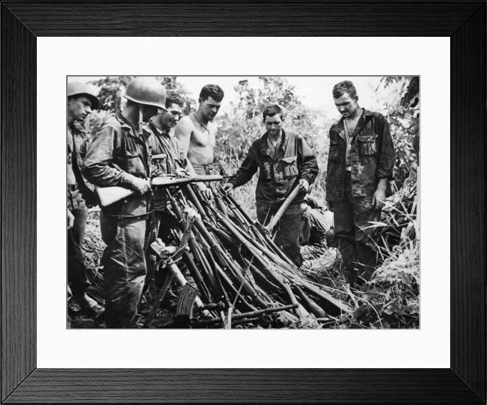 Framed Print : A stack of rifles and light machine guns captured from the Japanese at Sanananda Framed Print : A stack of rifles and light machine guns captured from the Japanese at Sanananda