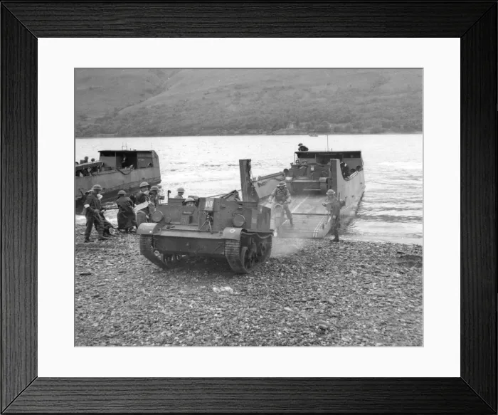 Framed Print : Bren carriers come off landing craft during an exercise in Scotland Framed Print : Bren carriers come off landing craft during an exercise in Scotland