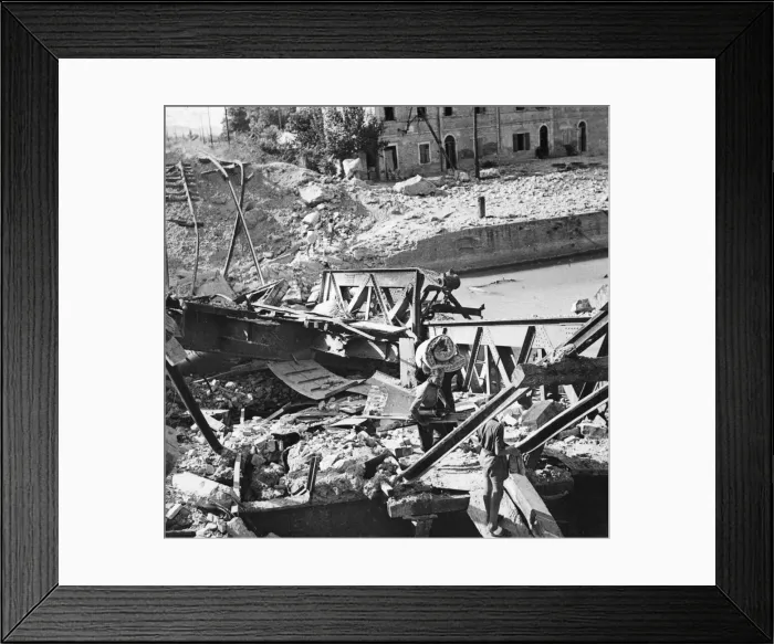 Framed Print : Italian civilians cross the damaged railway bridge at Pesaro Framed Print : Italian civilians cross the damaged railway bridge at Pesaro