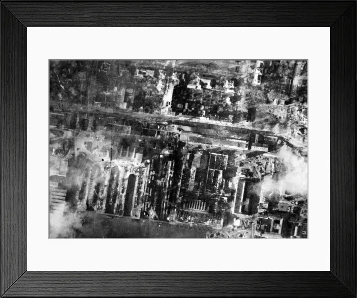 Framed Print : Reconnaissance view of a U-boat construction yard in Wilhelmshaven. December 1943 Framed Print : Reconnaissance view of a U-boat construction yard in Wilhelmshaven. December 1943