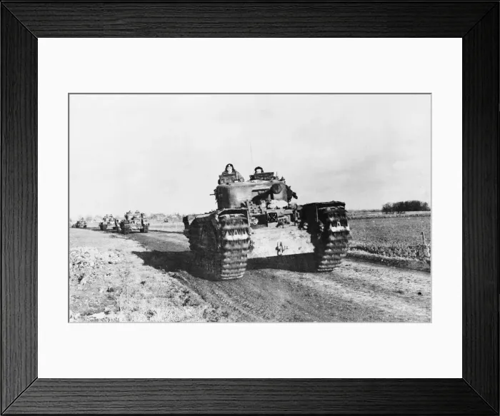 Framed Print : Churchill tanks roll into battle. Churchill tanks of the Royal Armoured Corps move Framed Print : Churchill tanks roll into battle. Churchill tanks of the Royal Armoured Corps move