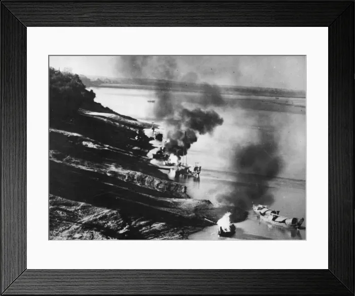 Framed Print : Beaufighters strike at Japanese Rivercraft. Picture shows the scene after a bombing Framed Print : Beaufighters strike at Japanese Rivercraft. Picture shows the scene after a bombing