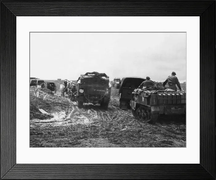 Framed Print : French refugees from the Verson area are seen on the Cheux-Colleville road