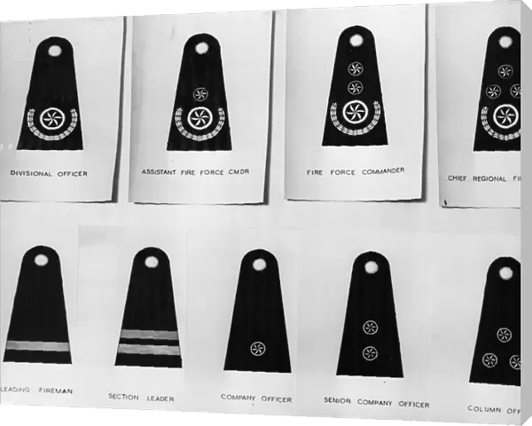 Rank badges of the National Fire Service from Chief Regional Officer to Leading Fireman
