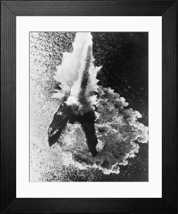 Framed Print : A German bomb explodes on a British ship of the R royal Navy during an engagement in Framed Print : A German bomb explodes on a British ship of the R royal Navy during an engagement in