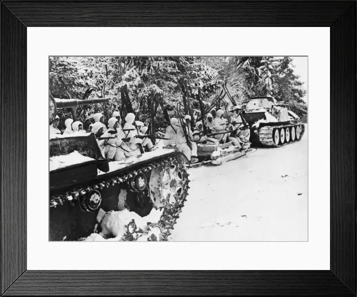 Framed Print : Red Army ski troops on their way to advanced lines, riding on sledges and tanks Framed Print : Red Army ski troops on their way to advanced lines, riding on sledges and tanks