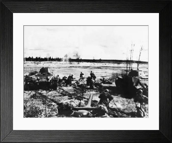 Framed Print : Russian infantry and tanks advance. (Picture) Tanks having blasted the German Framed Print : Russian infantry and tanks advance. (Picture) Tanks having blasted the German
