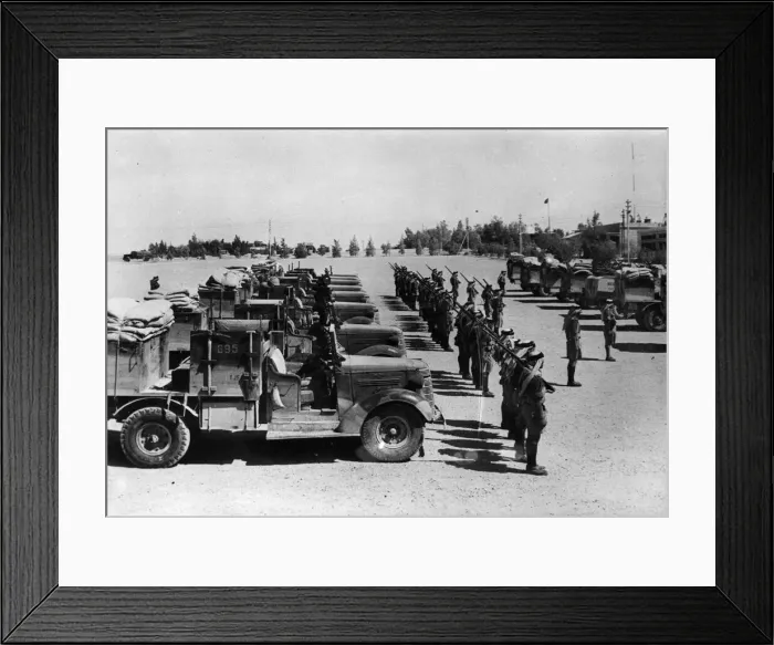 Framed Print : Transjordan mechanised squadron on parade before a patrol on the Syrian border. June 1941 Framed Print : Transjordan mechanised squadron on parade before a patrol on the Syrian border. June 1941