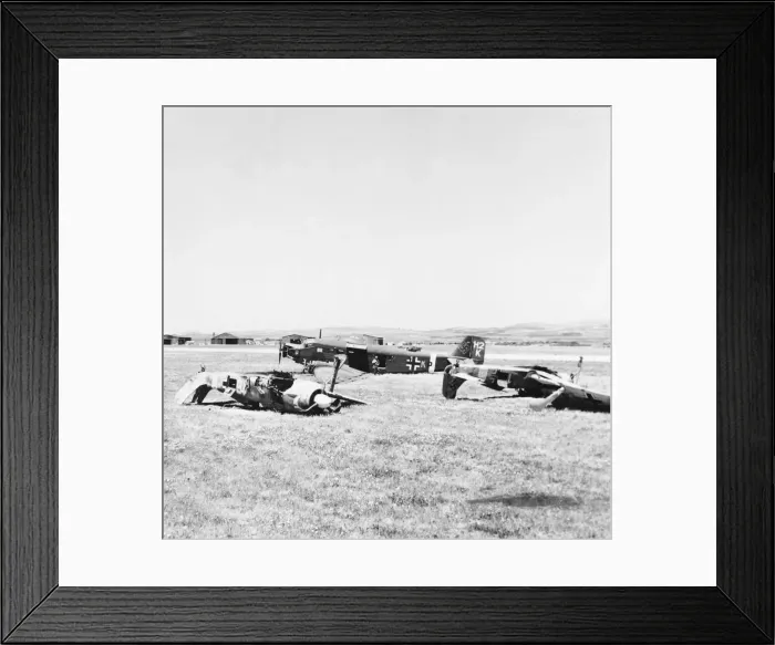 Framed Print : Wrecked German fighters on their backs beside a damaged Ju Framed Print : Wrecked German fighters on their backs beside a damaged Ju