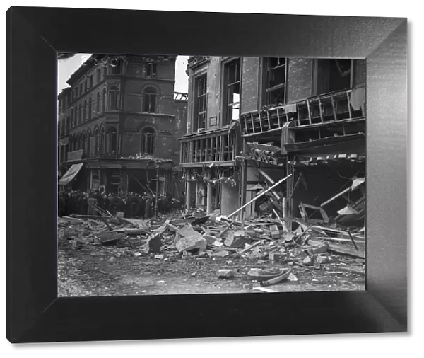 Burnt out shops in Spiceal Street, Birmingham following a heavy air raid on the city