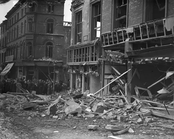 Burnt out shops in Spiceal Street, Birmingham following a heavy air raid on the city
