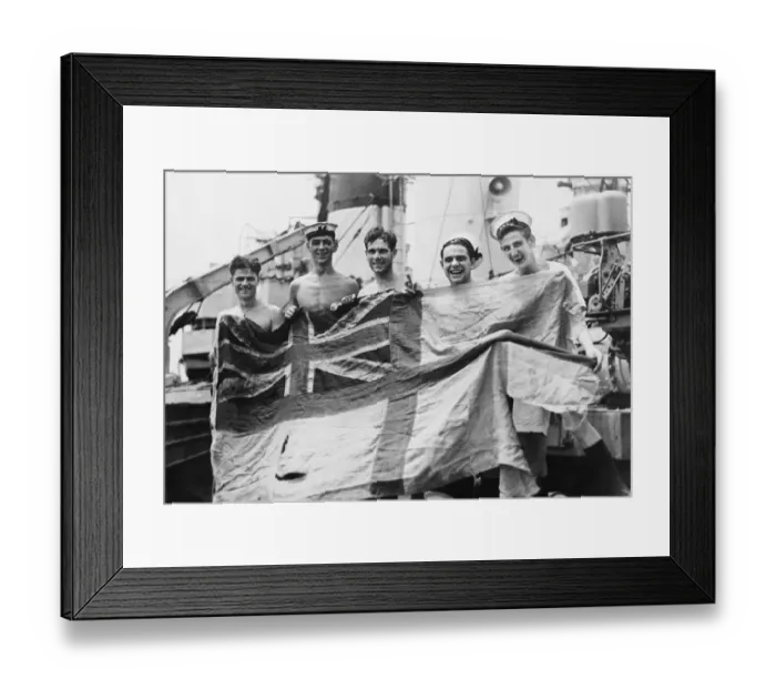 Framed Print : The torn Battle Ensign of HMS Tartar carried in her action with German destroyers in Framed Print : The torn Battle Ensign of HMS Tartar carried in her action with German destroyers in