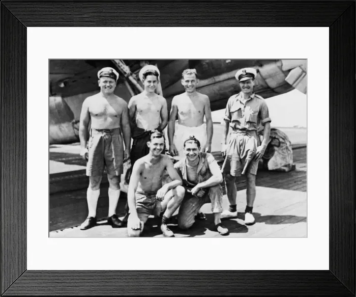 Framed Print : Men of a British carrier in the Far East. Back row: D. J. Williams, D. J. Cole, E. Tobin, T Framed Print : Men of a British carrier in the Far East. Back row: D. J. Williams, D. J. Cole, E. Tobin, T