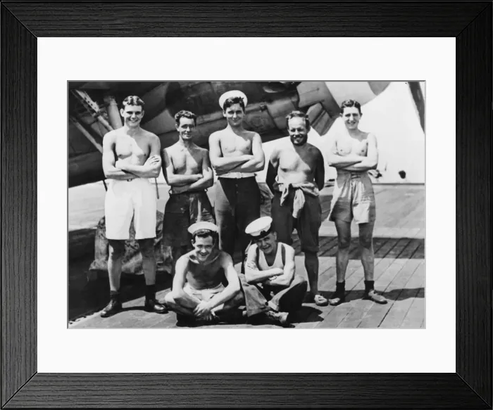Framed Print : Men of a British carrier in the Far East. Back row: J. Savory, F. J. Parson, T. Dancy Framed Print : Men of a British carrier in the Far East. Back row: J. Savory, F. J. Parson, T. Dancy