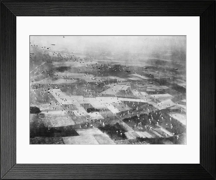 Framed Print : Paratroopers drop from C-47 transport planes in the Rees-Wesel area of Germany Framed Print : Paratroopers drop from C-47 transport planes in the Rees-Wesel area of Germany
