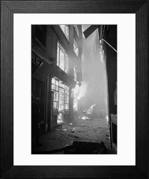 Framed Print : Amen Corner shops blaze furiously as nine thousand incendiary bombs fall on the city of Framed Print : Amen Corner shops blaze furiously as nine thousand incendiary bombs fall on the city of