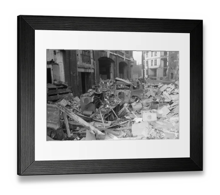 Framed Print : Fire appliances, hoses and ladders buried under debris at Carreras Tobacco Company
