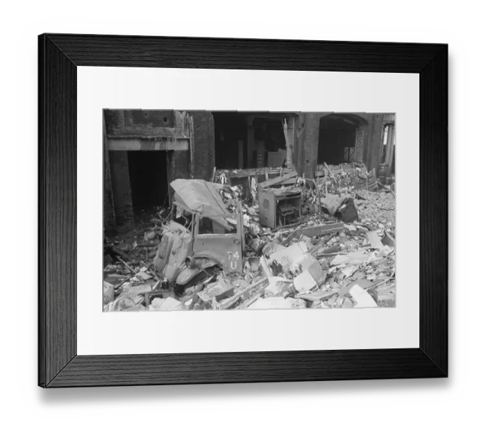 Framed Print : Fire appliances, hoses and ladders buried under debris at Carreras Tobacco Company Framed Print : Fire appliances, hoses and ladders buried under debris at Carreras Tobacco Company