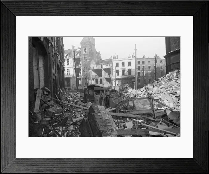 Framed Print : Fire appliances, hoses and ladders buried under debris at Carreras Tobacco Company
