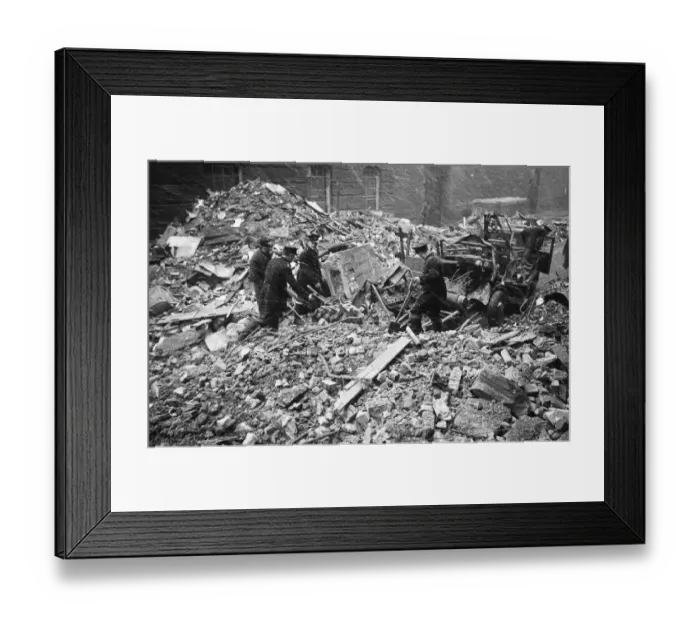 Framed Print : Firefighters clear fire appliances, hoses and ladders buried under debris at Carreras Framed Print : Firefighters clear fire appliances, hoses and ladders buried under debris at Carreras