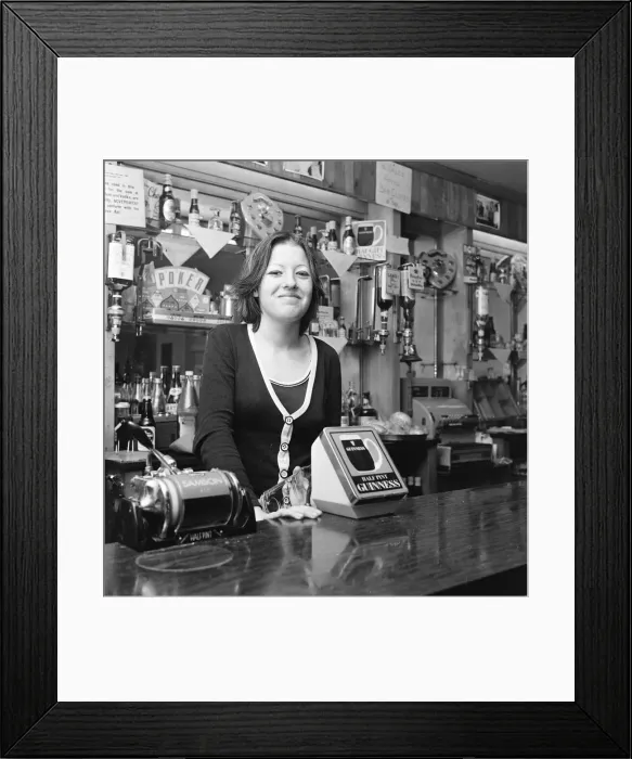 Framed Print : Barmaid, Pub, Middlesbrough, 1976, Barmaid of the Year Competition, Entrant Framed Print : Barmaid, Pub, Middlesbrough, 1976, Barmaid of the Year Competition, Entrant