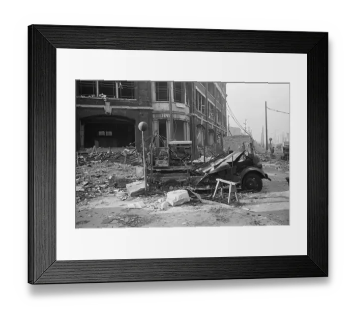 Framed Print : Fire appliances, hoses and ladders buried under debris at Carreras Tobacco Company
