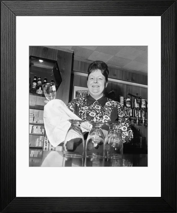 Framed Print : Barmaid at Pub in Middlesbrough, 1975, Barmaid of the Year Competition, Entrant Framed Print : Barmaid at Pub in Middlesbrough, 1975, Barmaid of the Year Competition, Entrant