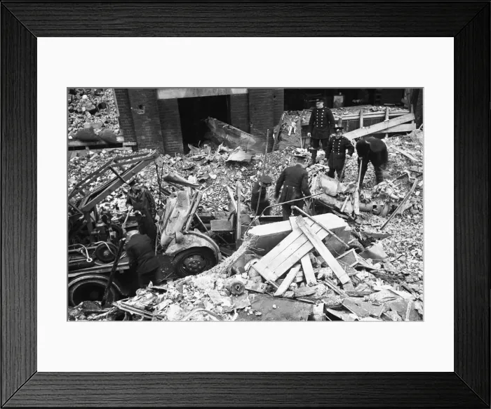 Framed Print : Firefighters clear fire appliances, hoses and ladders buried under debris at Carreras Framed Print : Firefighters clear fire appliances, hoses and ladders buried under debris at Carreras