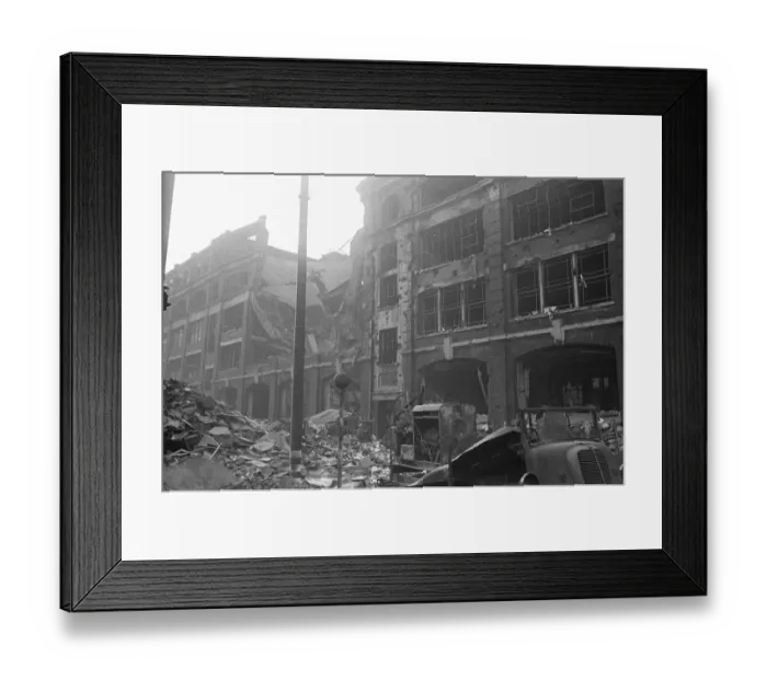 Framed Print : Fire appliances, hoses and ladders buried under debris at Carreras Tobacco Company