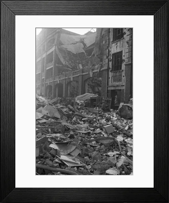 Framed Print : Fire appliances, hoses and ladders buried under debris at Carreras Tobacco Company Framed Print : Fire appliances, hoses and ladders buried under debris at Carreras Tobacco Company
