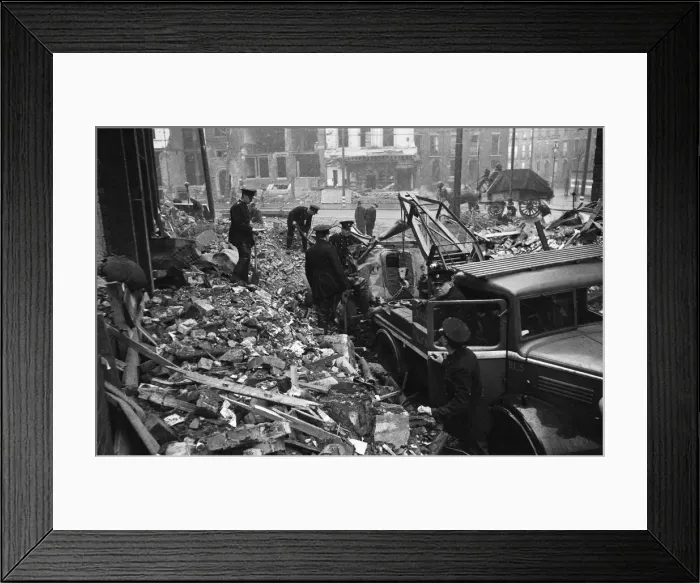 Framed Print : Firefighters clear fire appliances, hoses and ladders buried under debris at Carreras Framed Print : Firefighters clear fire appliances, hoses and ladders buried under debris at Carreras