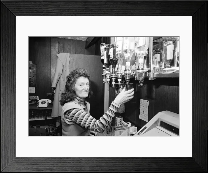 Framed Print : Barmaid, Pub, Middlesbrough, 1976, Barmaid of the Year Competition, Entrant
