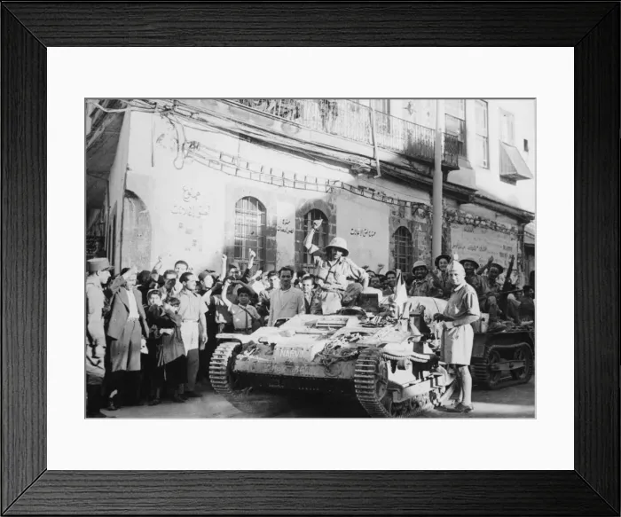Framed Print : Allied forces enter Damascus. Vehicles of the Free French pause in Damascus