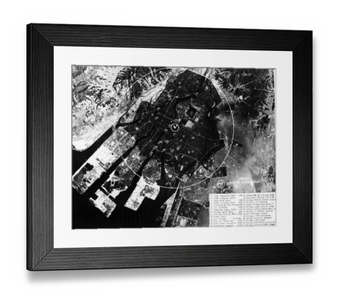 Framed Print : Hiroshima bomb damage from aerial reconnaissance. Circa September 1945