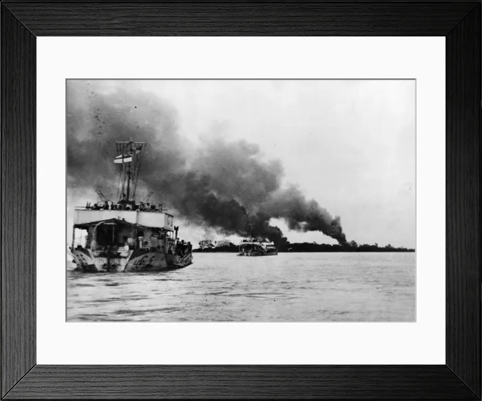 Framed Print : Landing craft travel up the Rangoon (Yangdon) river as smoke from an air strike Framed Print : Landing craft travel up the Rangoon (Yangdon) river as smoke from an air strike