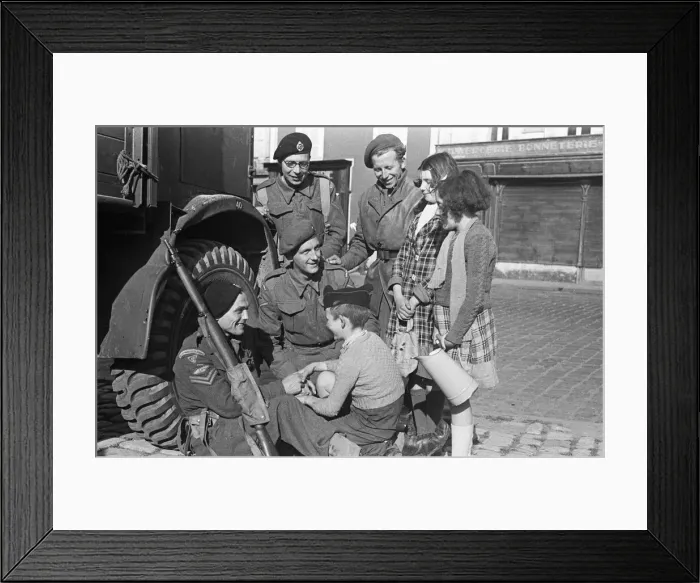 Framed Print : British troops of the 79th in an unknown Normandy town in Northern France a month after Framed Print : British troops of the 79th in an unknown Normandy town in Northern France a month after