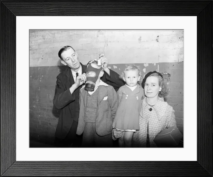 Framed Print : Gas masks are distributed and fitted at the Broad Street offices of Birminghams A. R Framed Print : Gas masks are distributed and fitted at the Broad Street offices of Birminghams A. R