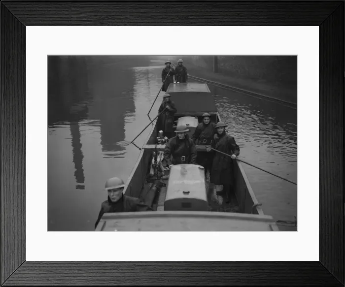Framed Print : Fire Float Practice. Members of the Birmingham Auxiliary Fire Service Naval Detachment