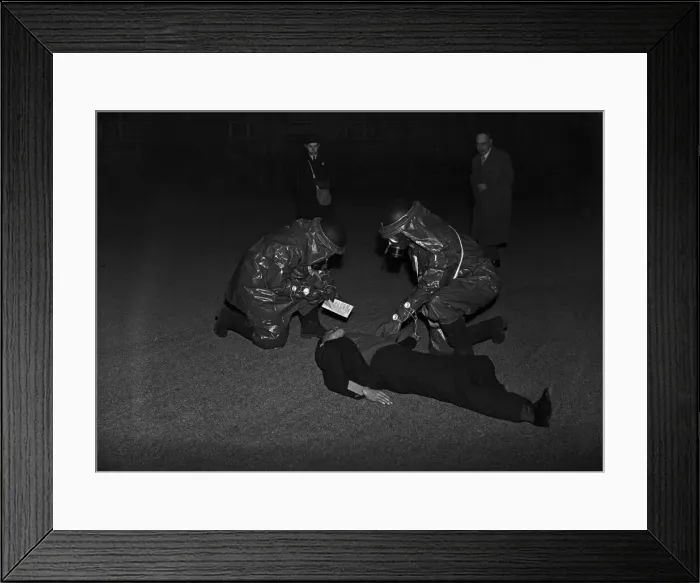 Framed Print : Rescuing a casualty. A series of realistic exercises were carried out at the A. R. P Framed Print : Rescuing a casualty. A series of realistic exercises were carried out at the A. R. P