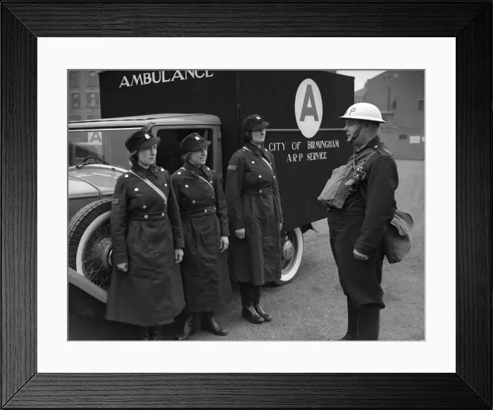 Framed Print : Birmingham women A. R. P. ambulance drivers and attendants in their new uniforms Framed Print : Birmingham women A. R. P. ambulance drivers and attendants in their new uniforms
