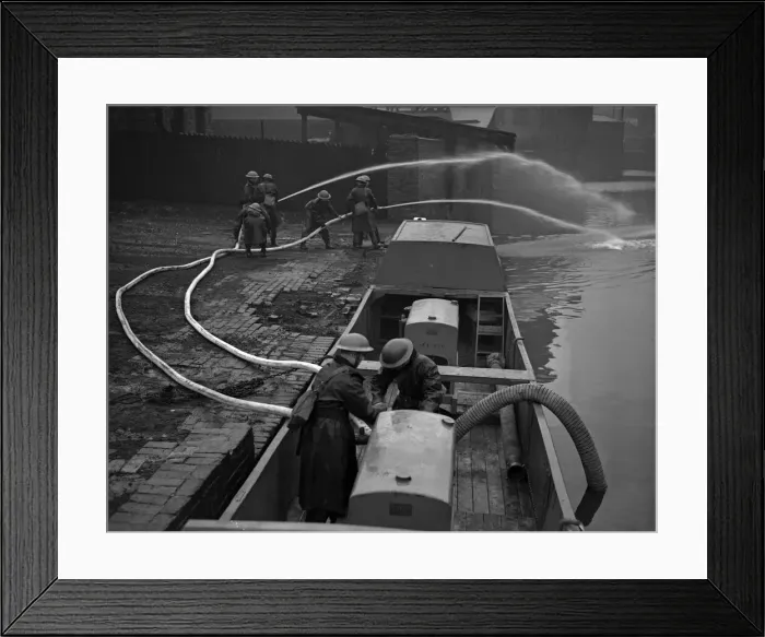 Framed Print : Fire Float Practice. Members of the Birmingham Auxiliary Fire Service Naval Detachment Framed Print : Fire Float Practice. Members of the Birmingham Auxiliary Fire Service Naval Detachment