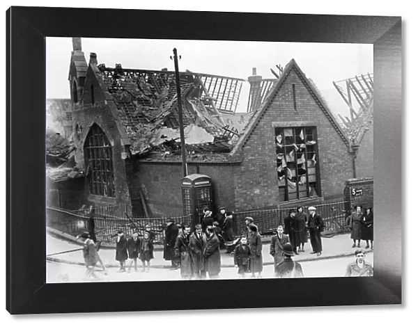 View showing the damage to a school in Lincolnshire following an air raid by bombers of