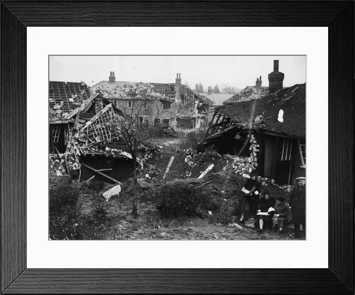Framed Print : View showing the damage to pensioners bungalows in a residential area of Lincoln