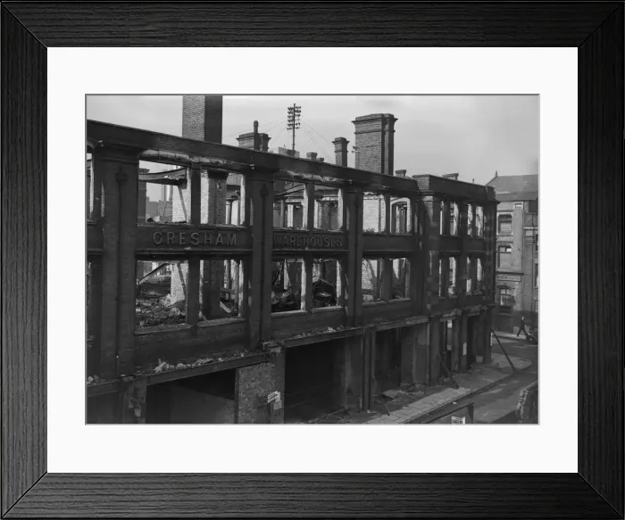 Framed Print : The burnt out shell of the Gresham Warehouses, Moor Street Framed Print : The burnt out shell of the Gresham Warehouses, Moor Street