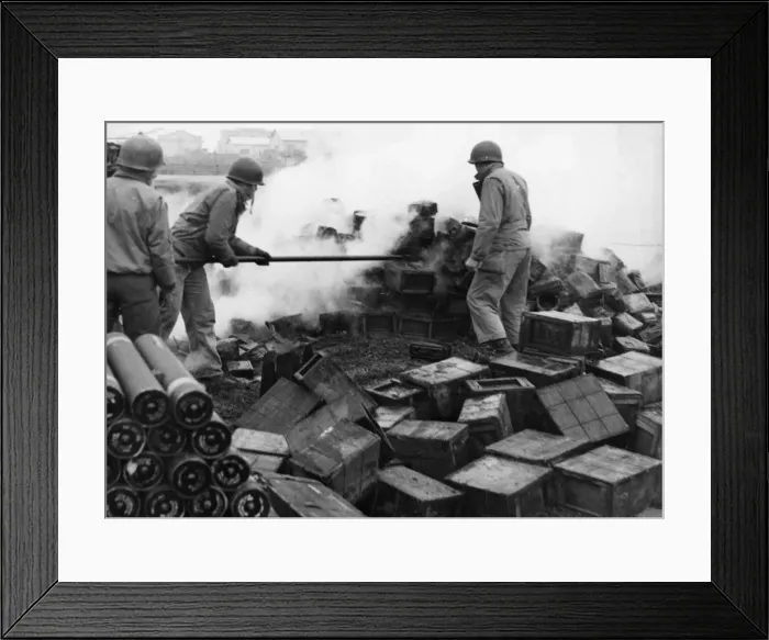 Framed Print : Allied soldiers of the Fifth Army fight to extinguish flames in an ammunition dump in Framed Print : Allied soldiers of the Fifth Army fight to extinguish flames in an ammunition dump in
