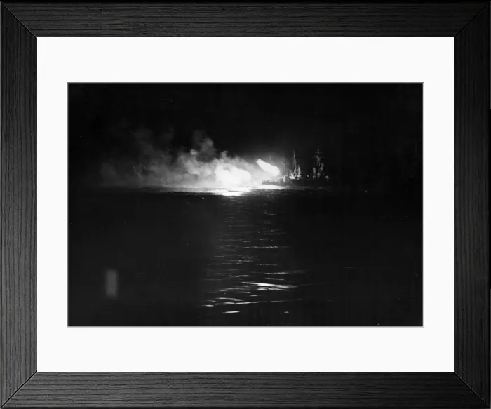 Framed Print : Italian MAS (Motor Torpedo Boat) boat attacks: A DIDO class cruiser firing at night Framed Print : Italian MAS (Motor Torpedo Boat) boat attacks: A DIDO class cruiser firing at night