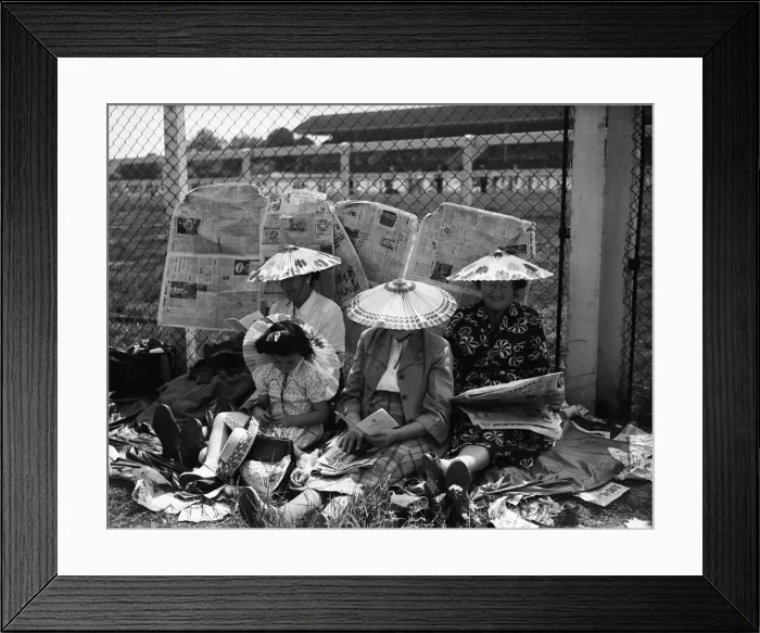 Framed Print : Royal Ascot 1955, Family of Racegoers wearing Chinese style conical hats Framed Print : Royal Ascot 1955, Family of Racegoers wearing Chinese style conical hats